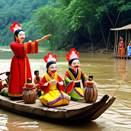 **Image:** A vibrant water puppet show performance on the Red River. Wooden puppets enacting a local legend, with villagers watching attentively. Capture the lively atmosphere and cultural richness of the scene. Emphasis on traditional costumes and the river setting.