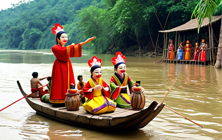 **Image:** A vibrant water puppet show performance on the Red River. Wooden puppets enacting a local legend, with villagers watching attentively. Capture the lively atmosphere and cultural richness of the scene. Emphasis on traditional costumes and the river setting.